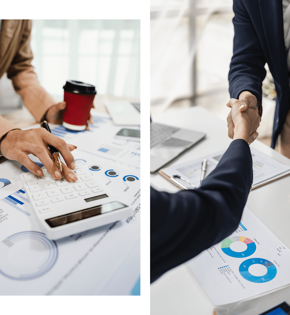 Business meeting with charts and handshake.