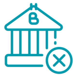 Bank icon with cancellation symbol.
